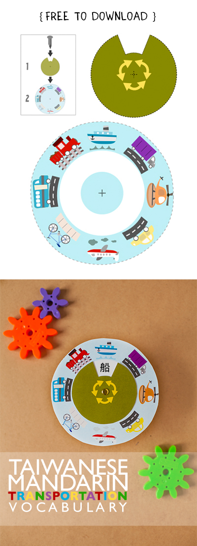 Gus on the Go Taiwanese Mandarin Transportation Vocabulary Wheel Printable